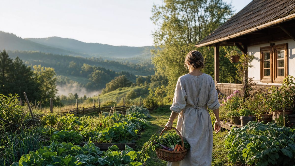 A traveler walking along a countryside path near a Ukrainian working farm during golden hour
